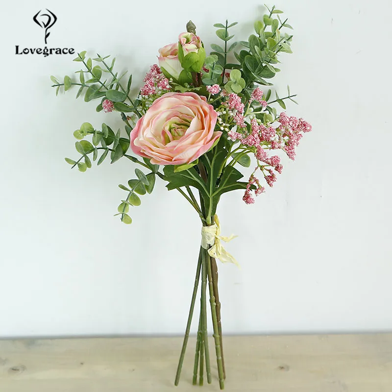 Lovegrace ดอกไม้ช่องานแต่งงานดอกไม้ประดิษฐ์ Lotus ดอกไม้ Eucalyptus Leaf สีขาว Baby's Breath Home Decor