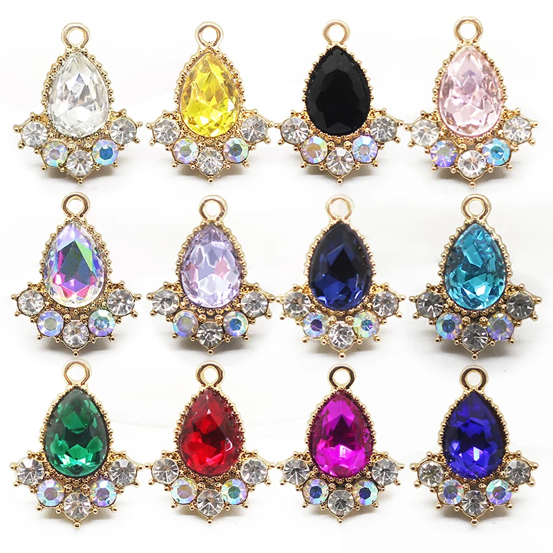 10pc Colorful Water Drop Shape DIY Pendant for Jewelry Making Metal Rhinestone Charm Diamond Bracelet Necklace Earring Accessory