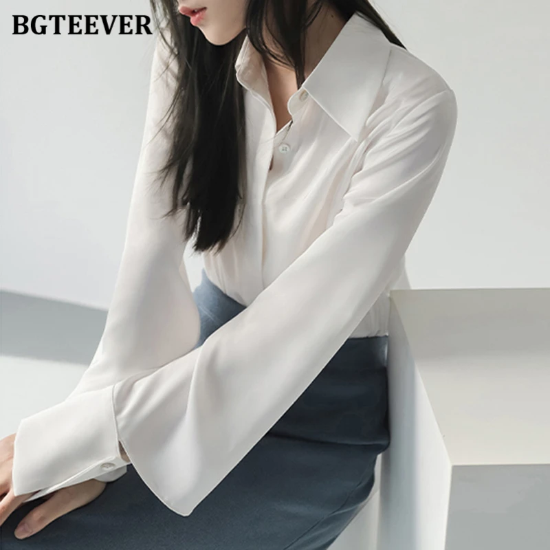 BGTEEVER Elegant Lapel Women Shirts 2022 Spring Summer Office Wear Long Sleeve Loose Single-breasted Female Blouses Tops