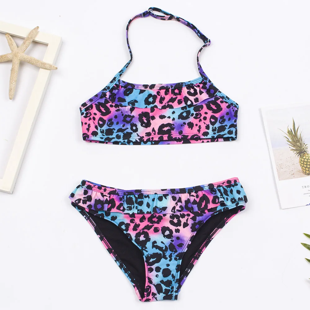 7-14 Years Falbala Print Girls Kids Swimsuit Swimwear 2024 Kid Summer Bikinis Set Children Halter Biquini Swimming Suit A318