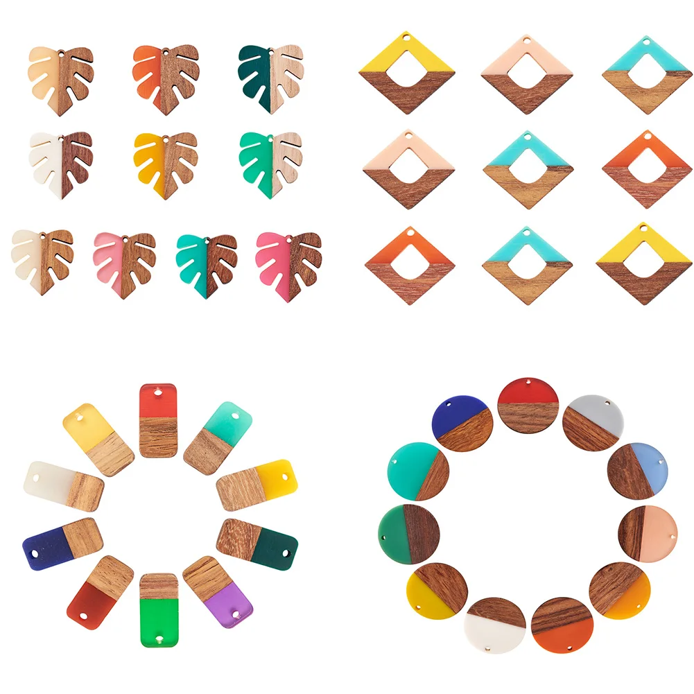 Pandahall 50Pcs Vintage Wood Resin Geometric Pendant Charms for Jewelry Making DIY Necklace Connectors Earrings Pieces Supplies