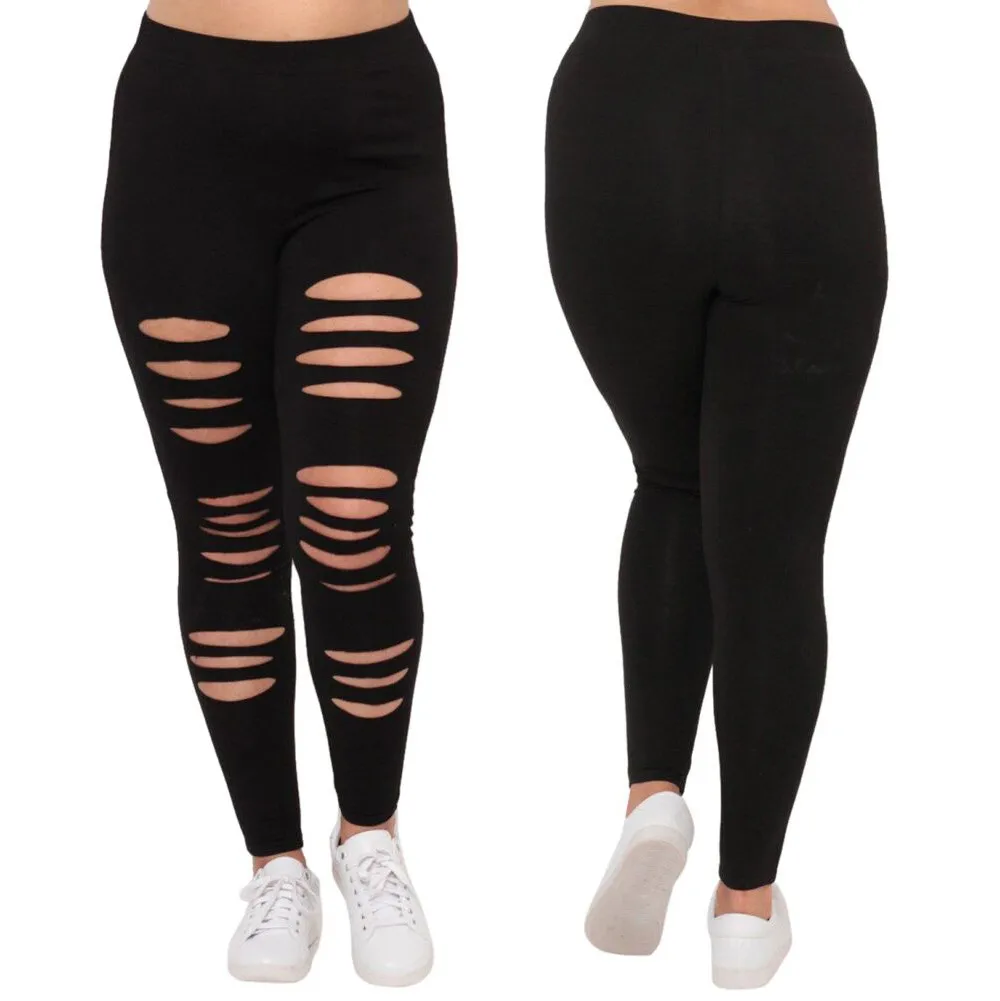 Stylish Bar Plus Size L-5XL Summer Hole Ripped Pants Women Sexy Cool High Waist Stretch Sport Skinny Pant Pencil Trousers Black