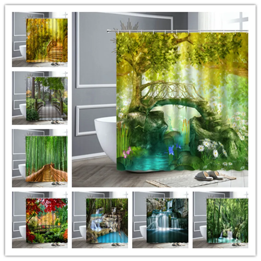 Arch Bridge 3d Pattern Shower Curtain Mountain Forest Landscape Multi-Size Bath Curtains For Bathroom Bathtub Decor With Hooks