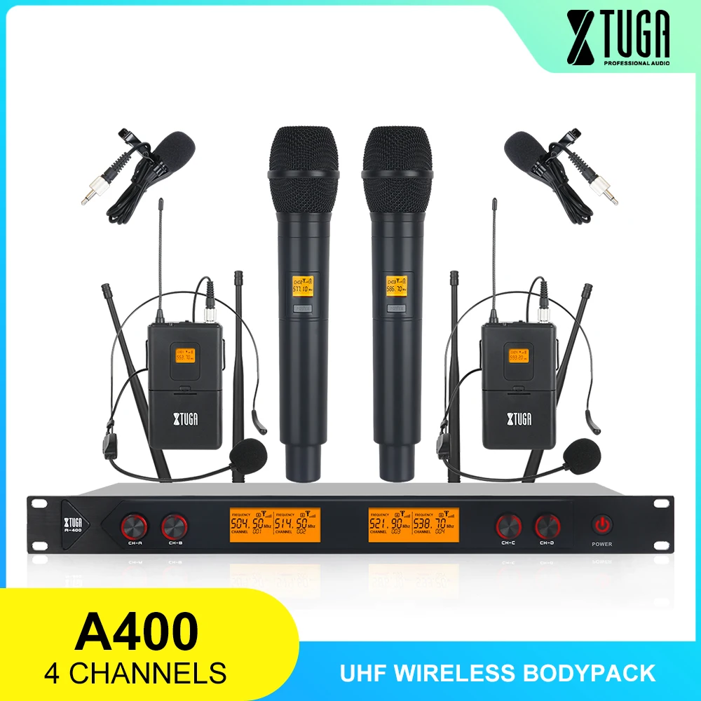 XTUGA A-400 Metal Material 4-Channel UHF Wireless Microphone System with 2 BodyPack and 2 Handheld for Stage Church Family Party