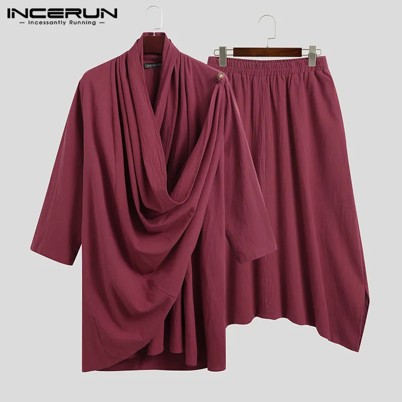 INCERUN Pria Warna Solid Set Katun Streetwear Turtleneck Lengan Panjang Tidak Teratur Jubah Mantel Drop Selangkangan Celana Pria Vintage Cocok