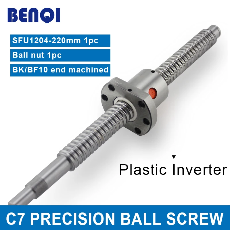 Free shipping rolled process SFU1204 220mm ball screw C7 1204 nut with plastic inverter for CNC parts BK/BF10 end machined