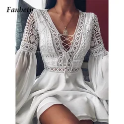 2021 Spring Women Sexy Crochet Lace V-Neck Party Dress Elegant Flare Sleeve Chiffon Mini Dresses Ladies Fashion Hollow Out Dress