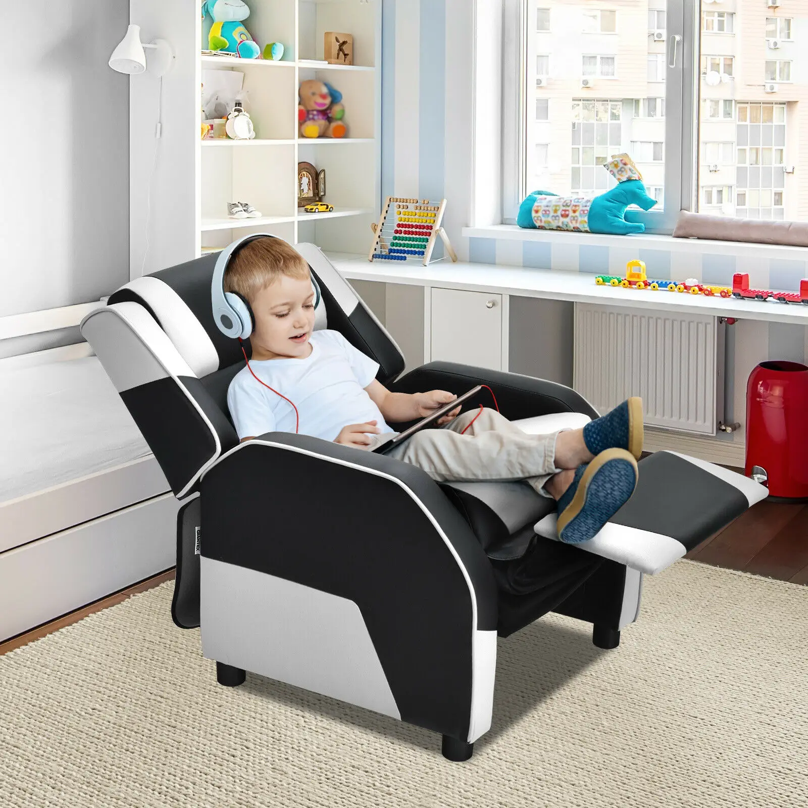 Giantex 키즈 청소년 게임 소파 안락 의자 w/Headrest & Footrest PU 가죽 HW66874