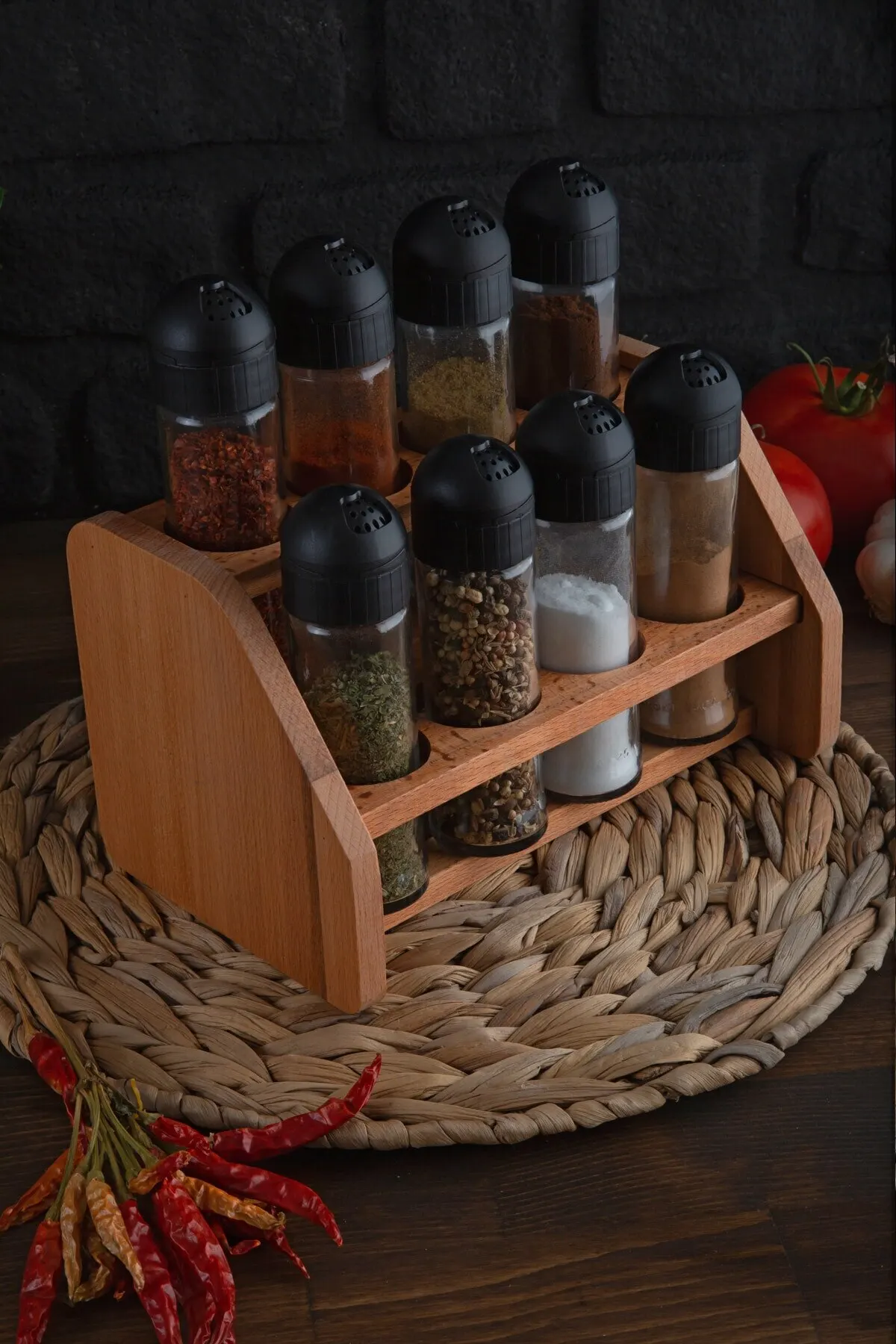 Joy Kitchen Monroe 8 Piece Spice Set - Black Cover 1 Wooden Stand And 8 Glass Spice / Spice Jars Set Are Carefully Designed