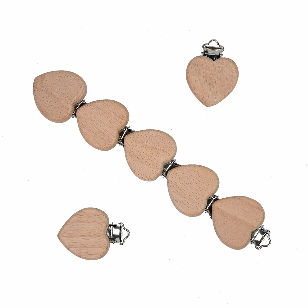 Mabochewing 5pcs Heart Shape Safe Metal Beech Wood Clips Baby Teething Jewelry Pacifier Clip