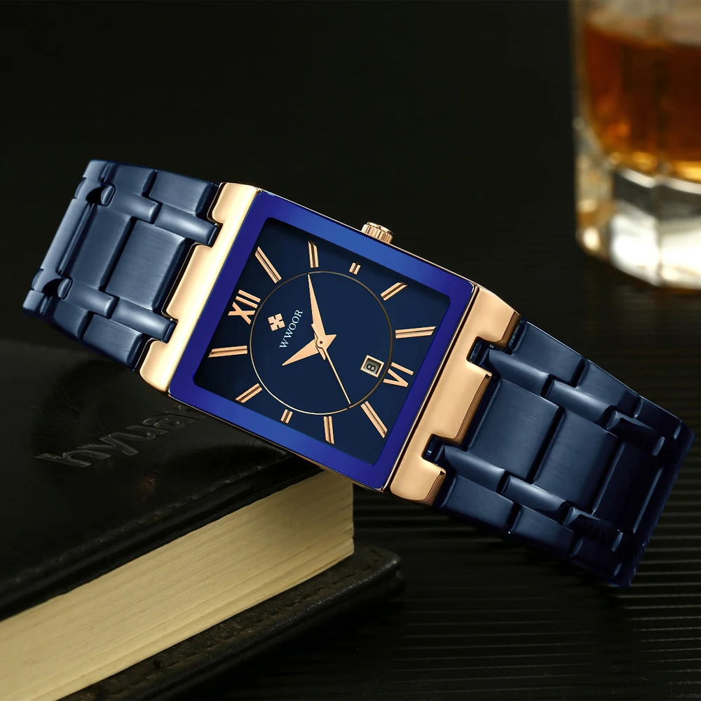 Fashion Watches Men Wwoor Luxury Square Blue Men\'s Wristwatch Stainless Steel Waterproof Quartz Clock Male Relogio Masculino