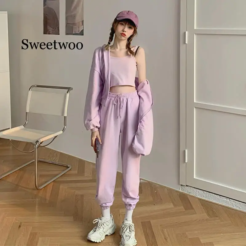 Spring Summer Sport Set Women Clothing Tracksuit Lilac Pants+Camisole Crop Top+Hooded Jacket 3 Pcs Suit Loose Hoodies Sweatshirt