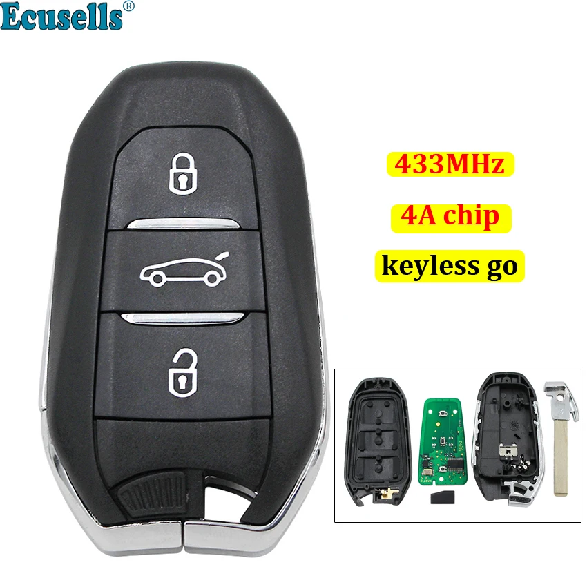 

Keyless-Go 3 Buttons Smart Remote Key Fob 433MHz 4A Chip for Peugeot 208 308 508 3008 5008 with Emergency Key HU83