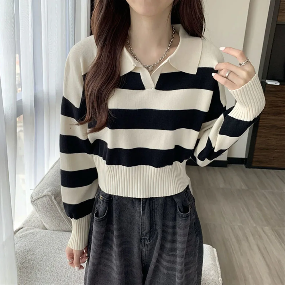 Korean Version Casual And Chic Autumn Winter Retro Lapel Knit Sweaters Women Wild Polo Collar Striped Pullover Short Tops Female