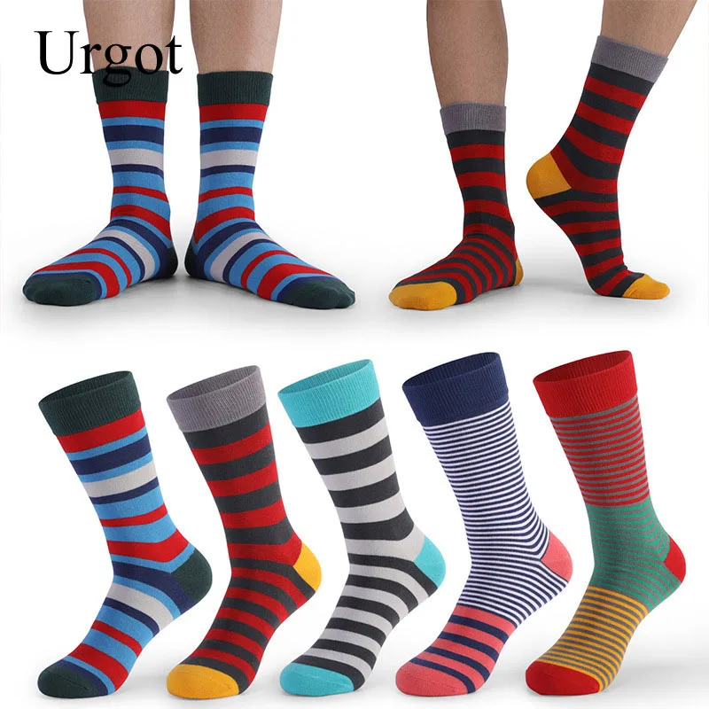 Urgot 5 Pairs Men's Long Tube Happy Socks Street Hip-hop Skateboard Big Plus Size EUR 46,47,48 Striped Men's Socks Cotton Meias