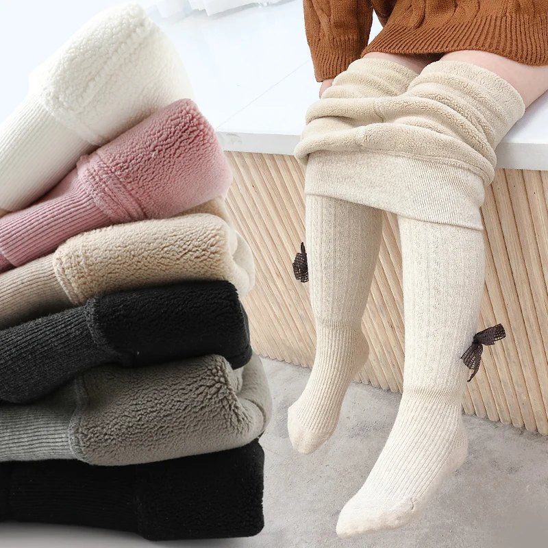 New Infant baby Polar Fleece Lining stockings plus velvet thick cotton hollow bow winter girl pantyhose Twist warm kids leggings