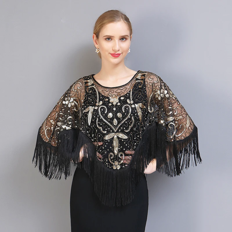 Women Vintage 1920s Shawl Wraps Sequin Beaded Evening Party Cape Bridal Shawls Bolero Flapper Cover Up