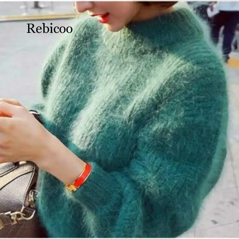 Elegant Turtleneck Mohair Pullover Long Lantern Sleeved Loose Sweater Hand Knitted Plush Shirt Thickening Mohair Wool Short Tops