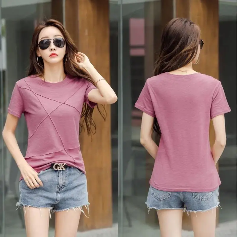 Cross 3D Ribbed Bamboo Cotton Women Short Sleeve T-Shirt Loose Casual Solid Color Summer Tshirts Female O-Neck Soft Fashion Tops