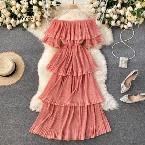 

Sexy Slash Neck Strapless Shoulder Slim Dress Women High Waist Hip Ruffles Patch Solid Vestido Short Sleeve Holiday Robe