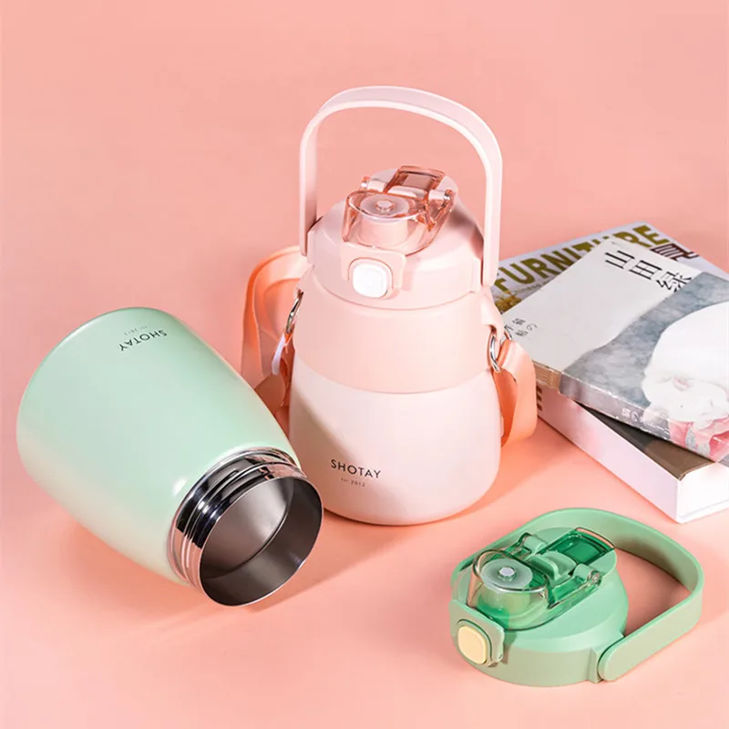 900ML Large-Capacity Vacuum Flask, 316 Stainless Steel Straw Cup, Cute Children's Thermal Flask With Straps, Student Water Cup