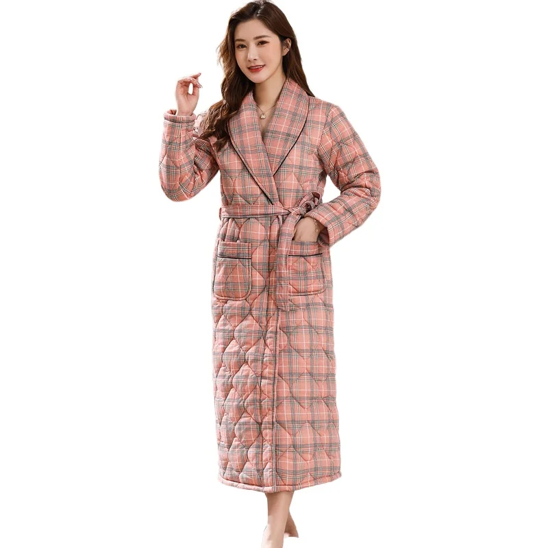 Women Plaid Print Bath Robe 3 Layers Quilted Sleepwear Autumn Winter Cotton Bathrobe Thicken Warm Female Robe Nightgown M-3XL