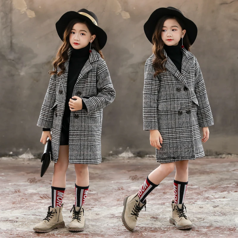 Girls Winter Coat Thick Woolen Jacket For Girls Fashion Plaid Kids Outerwear Autumn England Teenage Clothes For School Girls