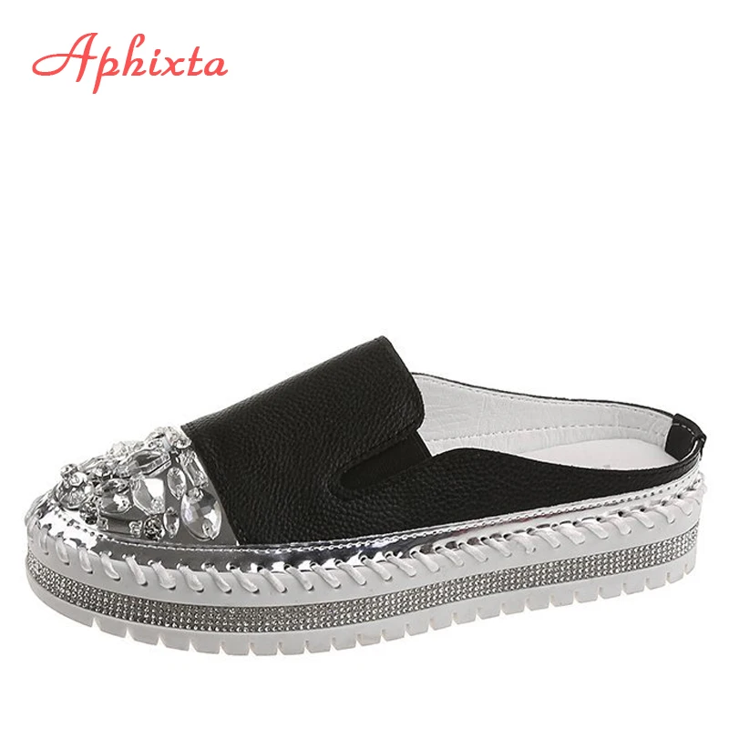 Aphixta New Crystals Flat Platform Mules Women Bling Diamond Rubber Rhinestone Lofers Shoes Fashion Slides Plus Size 42 43