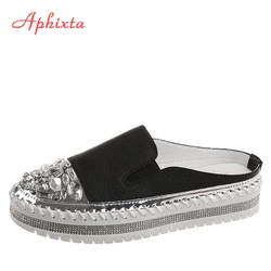 Aphixta nowe kryształy płaski obcas muły kobiety Bling diament guma Rhinestone Lofers buty modne buty wsuwane Plus rozmiar 42 43