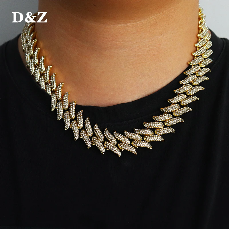 D&Z Hip Hop Bling Iced Out Full Rhinestone Men's Thorns Necklace Gold Prong Cuban Link Chain Bracelet Necklace for Men Jewelry