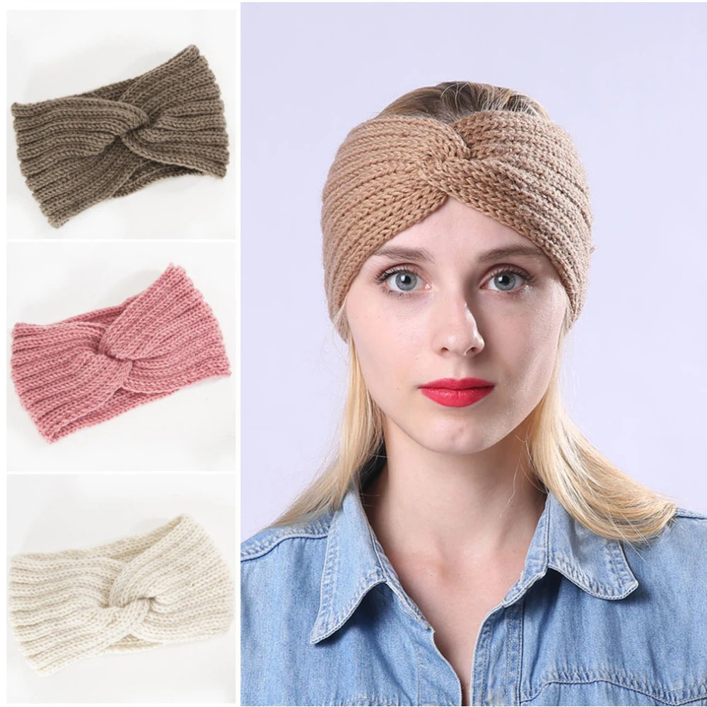 Women Weaving Cross Headband Knitting Warm Headwear Leopard Bowknot Turban Wide Fashion Winter Cycling Crochet Turban Colorful