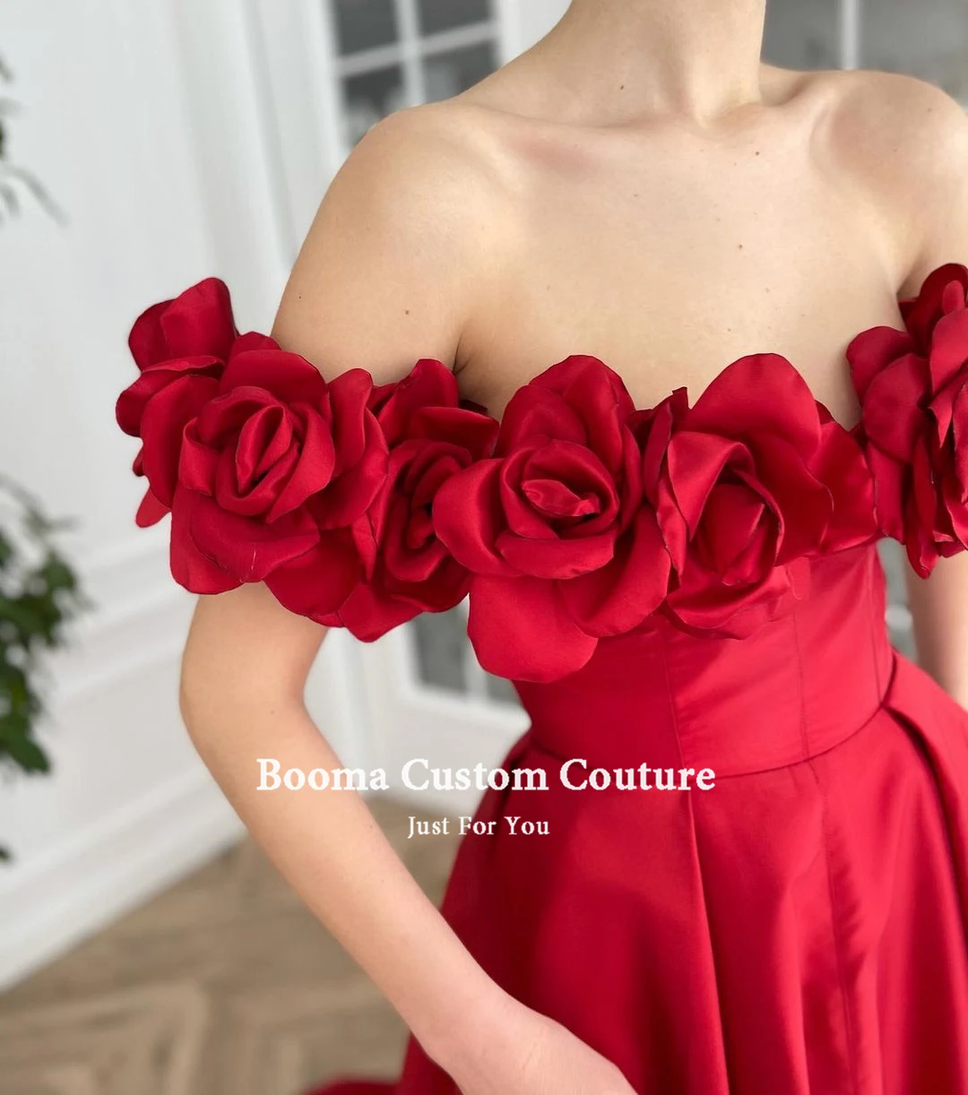 Booma Red Taffeta Prom Dresses Off Shoulder Handgemaakte Bloemen Slit A-lijn Avondjurken Dichtgeknoopt Lange Formele Party Jurken