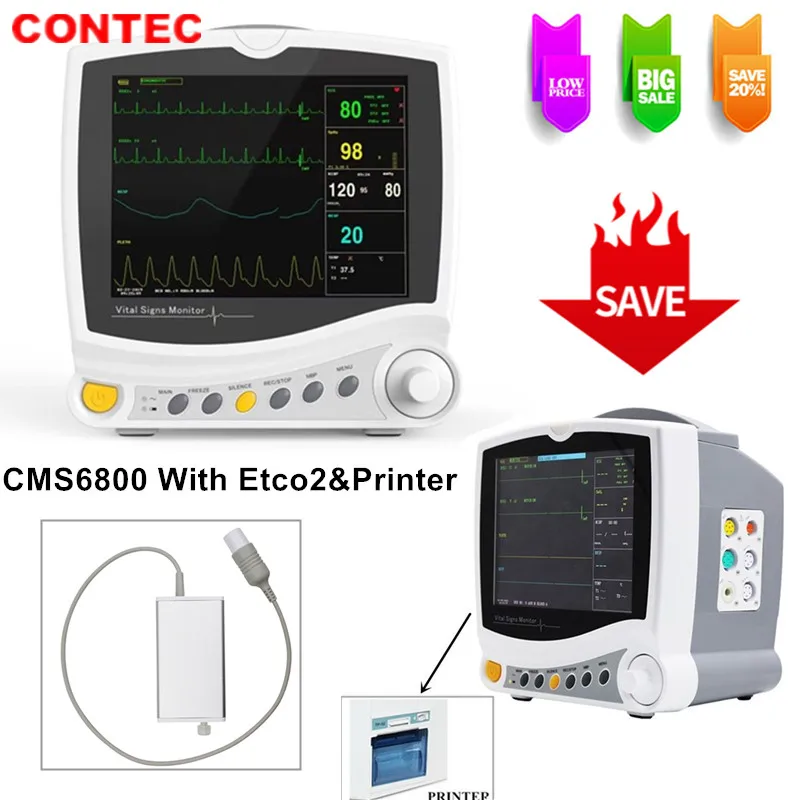 

CONTEC CMS6800 ICU Patient Monitor Vital Signs Monitor 6 Parameters Monitor With Sidetream Capnograph CO2 & Printer