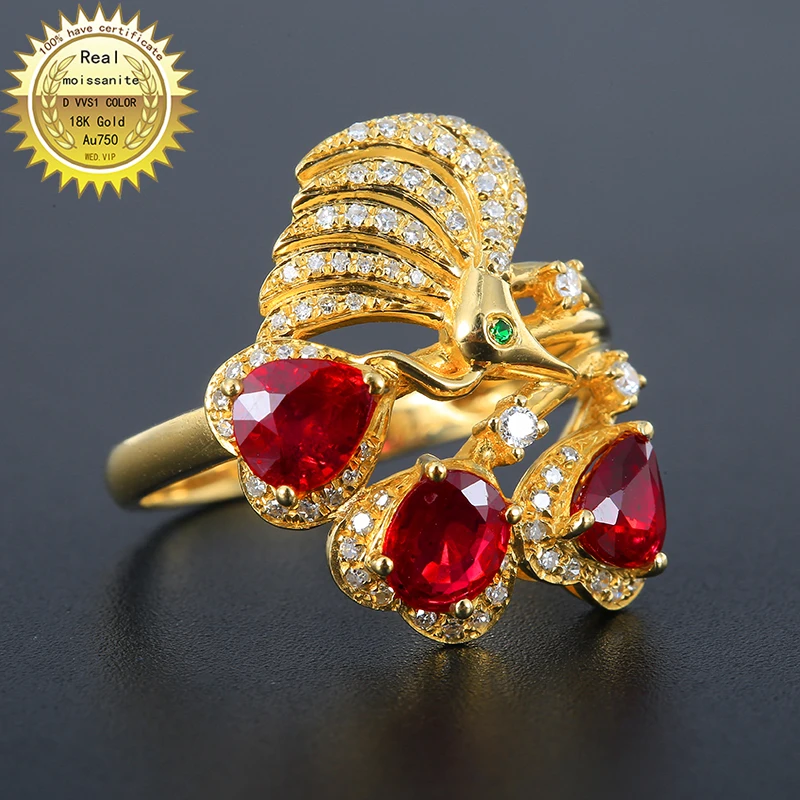 

Au750 18Gold ring Lab Created 3ct Ruby and Moissanite Diamond Ring With national certificate Ru-21