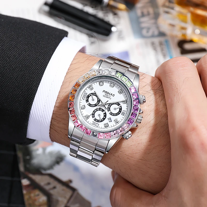 2021 New Arrival Men Quartz Watches Women Wristwatch Stainless Steel Calendar Colorful Rhinestone Relogio Feminino Masculino Hot