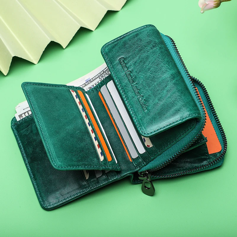 Contact's Genuine Leather Women Short Wallet Luxury Brand Female Small Purse Zipper Coin RFID Blocking Card Holder Wallets Mini