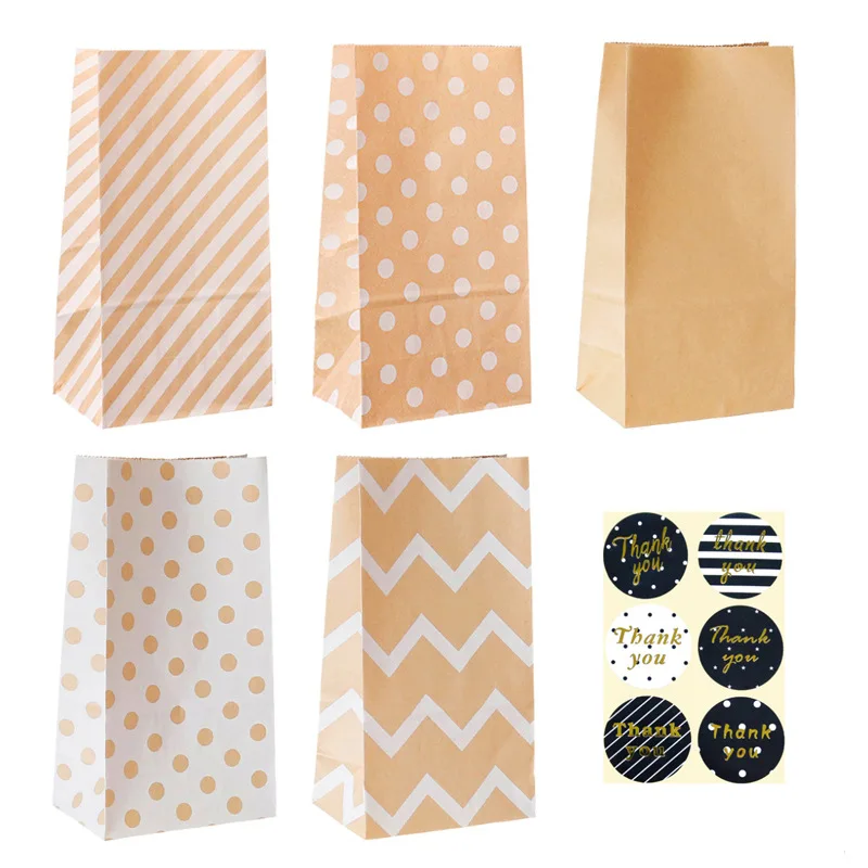 

50 or 100pcs 24x8x13cm Striped Kraft Paper Bags + Sticker Gift Bags Biscuit Baking Paper Bag Wedding Party Jewelry Packaging Bag