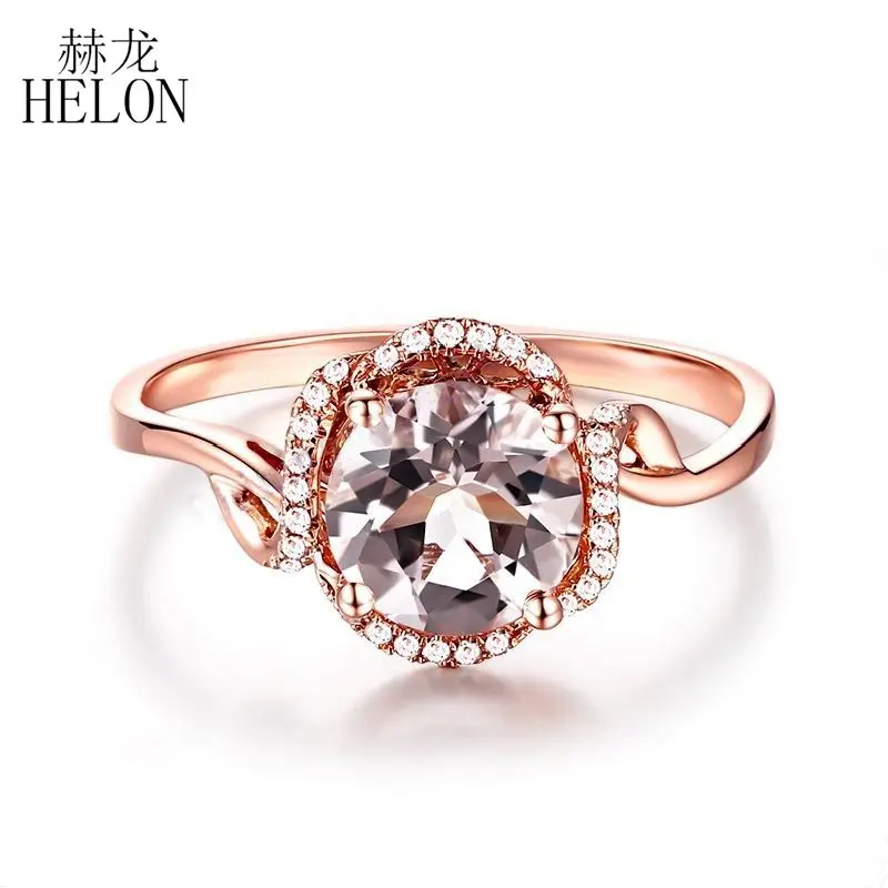 

HELON Solid 14k Rose Gold AU585 Flawless Round 7mm Genuine Morganite Diamonds Engagement Wedding Ring Women Fine Jewelry