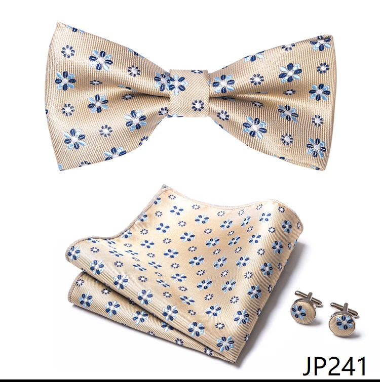 Great Quality Silver Office Butterfly Hanky Cufflink Set Bowtie For Men Geometric Hombre Formal Clothing