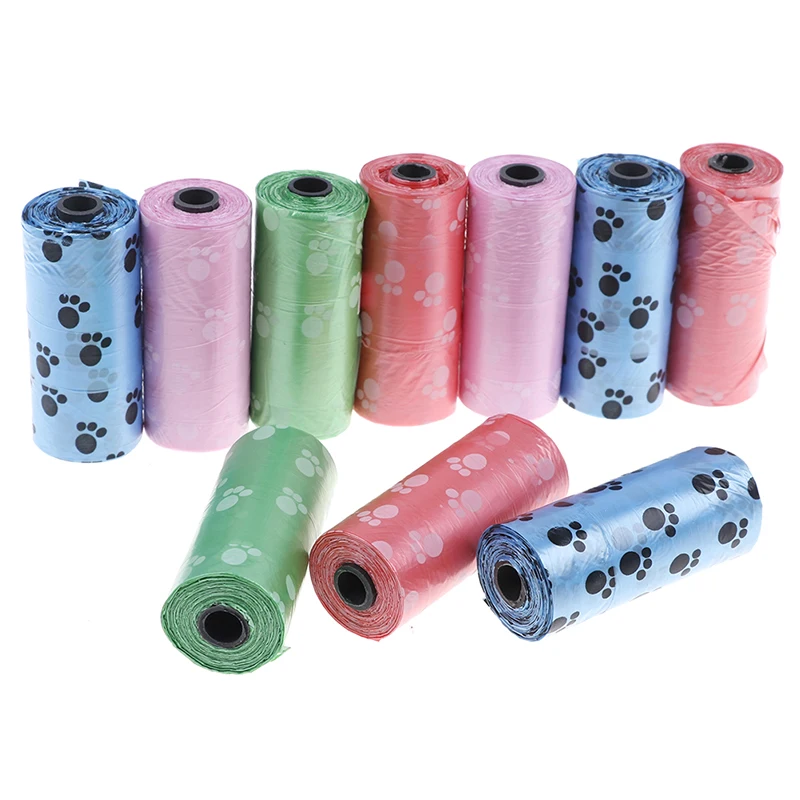 Hot Sale 1/5/10roll Degradable Pet Dog Waste Poop Bag With Printing Doggy Bag For Cat Dog Color Random Delivery