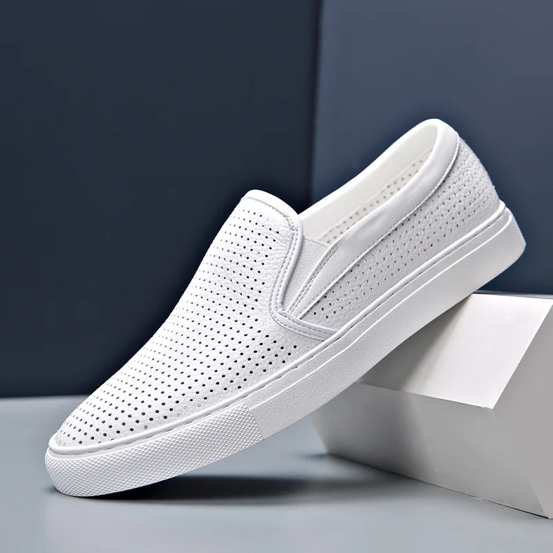 

2024 New Style Men Cow Leather Casual Shoes Fashion Spring Summer Breathable Micropore Trend White Flat Shoes Leisure Loafers