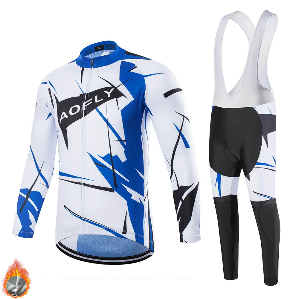 White Winter Cycling Clothing Thermal Fleece Long Sleeve Set Cycling Clothes Man Jersey Suit Riding Bike MTB Bib Pants With Gel