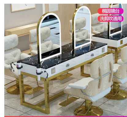 Barber shop mirror LED lamp hairdressing mirror one-sided beauty makeup cabinet integrated marble double-sided dyeing table