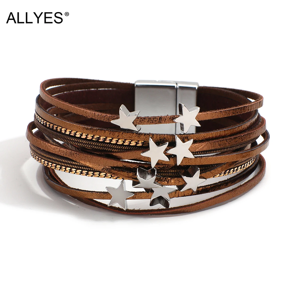 ALLYES Multilayer Slim Strips Star Charm Leather Bracelets for Women Fashion Chain Wrap Bracelet Bangle Famale Jewelry