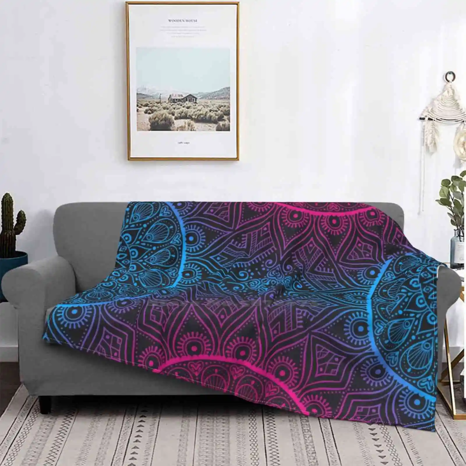 Luxury Mandala Super Warm Soft Blankets Throw On Sofa/Bed/Travel Mandala Pattern Pink Blue Vibrant Gradient Continuous Tribal