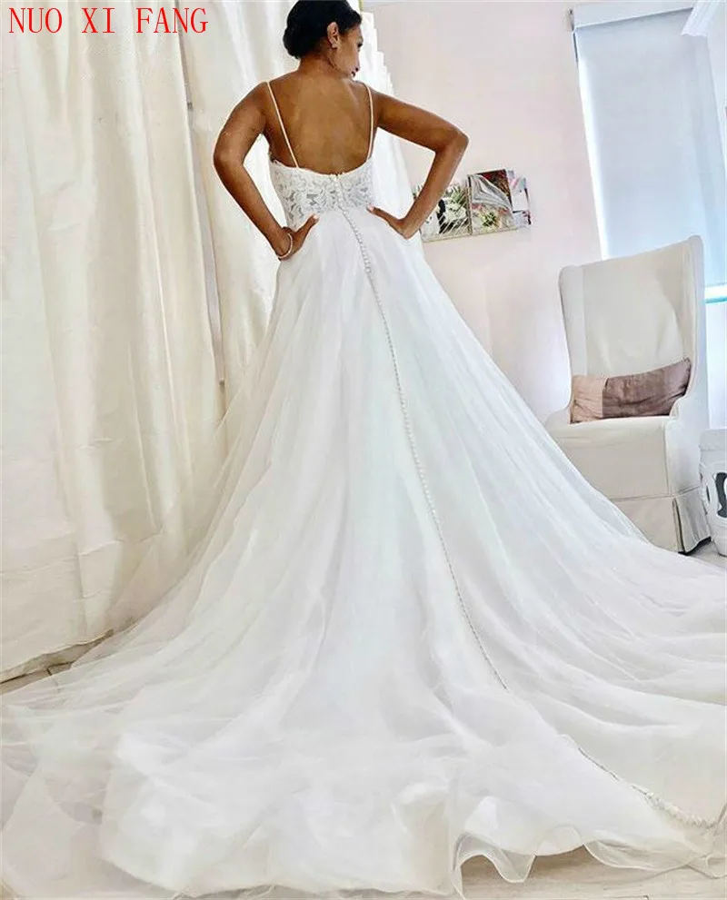 African Sexy Lace Appliques Plus Size White Wedding Dress 2022 Spaghetti Straps Tulle Boho A-line Wedding Gowns With Button