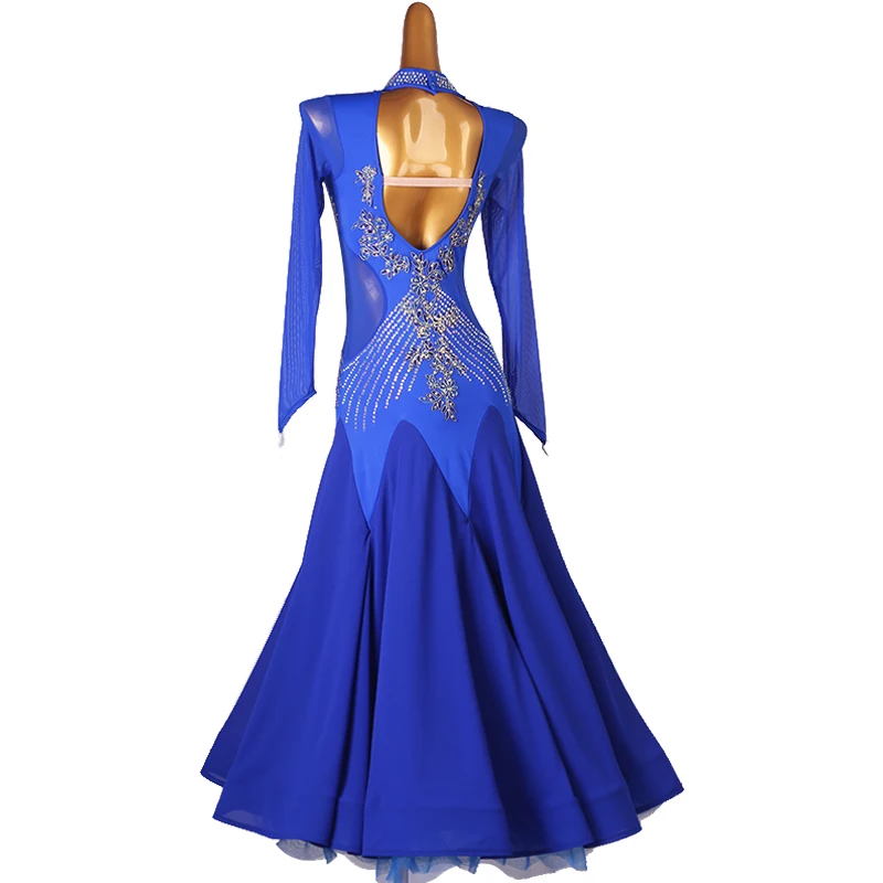 High Grade Custom-made Fashionable Women Modern Ballroom Dance Clothing Long Sleeve Huge Hemline Tunic Crystal Dress