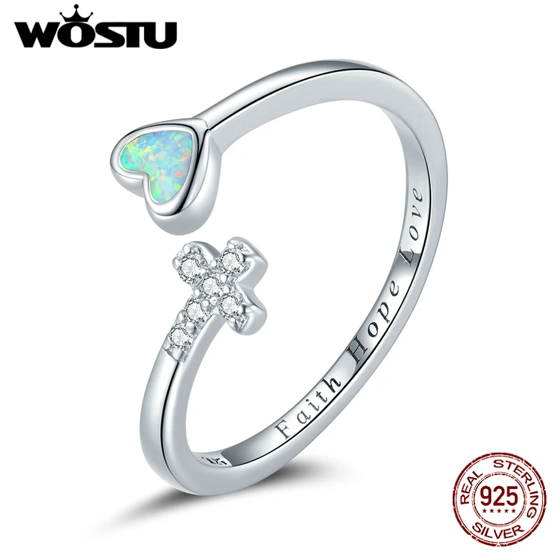 WOSTU 925 Sterling Silver Opal Heart Ring Vintage Adjustable Rings Original Finger For Women Silver Jewelry CTR171