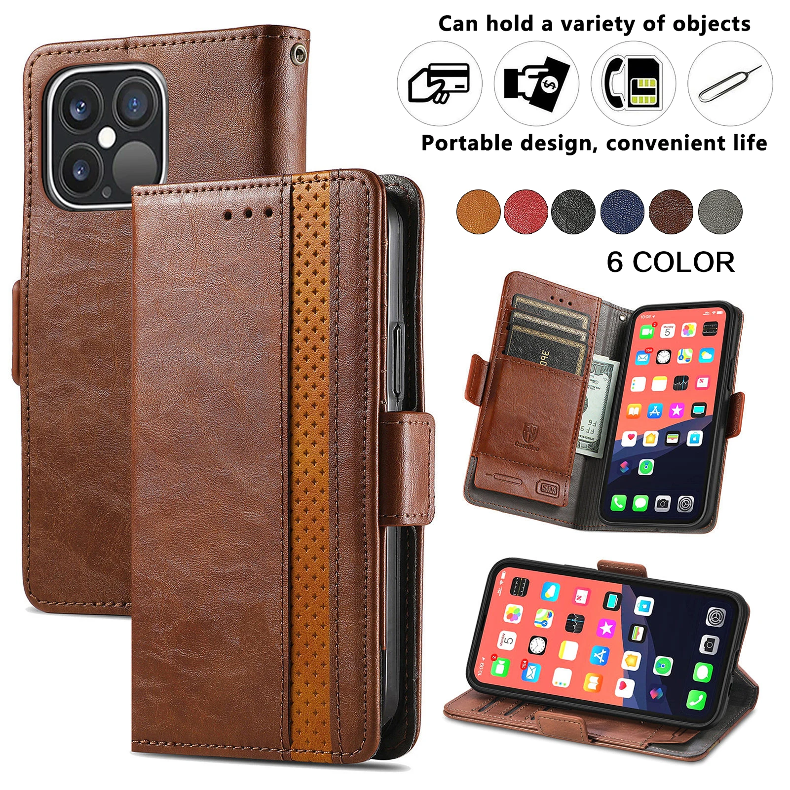 

Flip Leather Cover For iPhone 13 Pro 12 Mini 11 XS MAX XR 7Plus 8P SE2020 7G 8G Book Case Stand Bag Holder Card Slots Protect