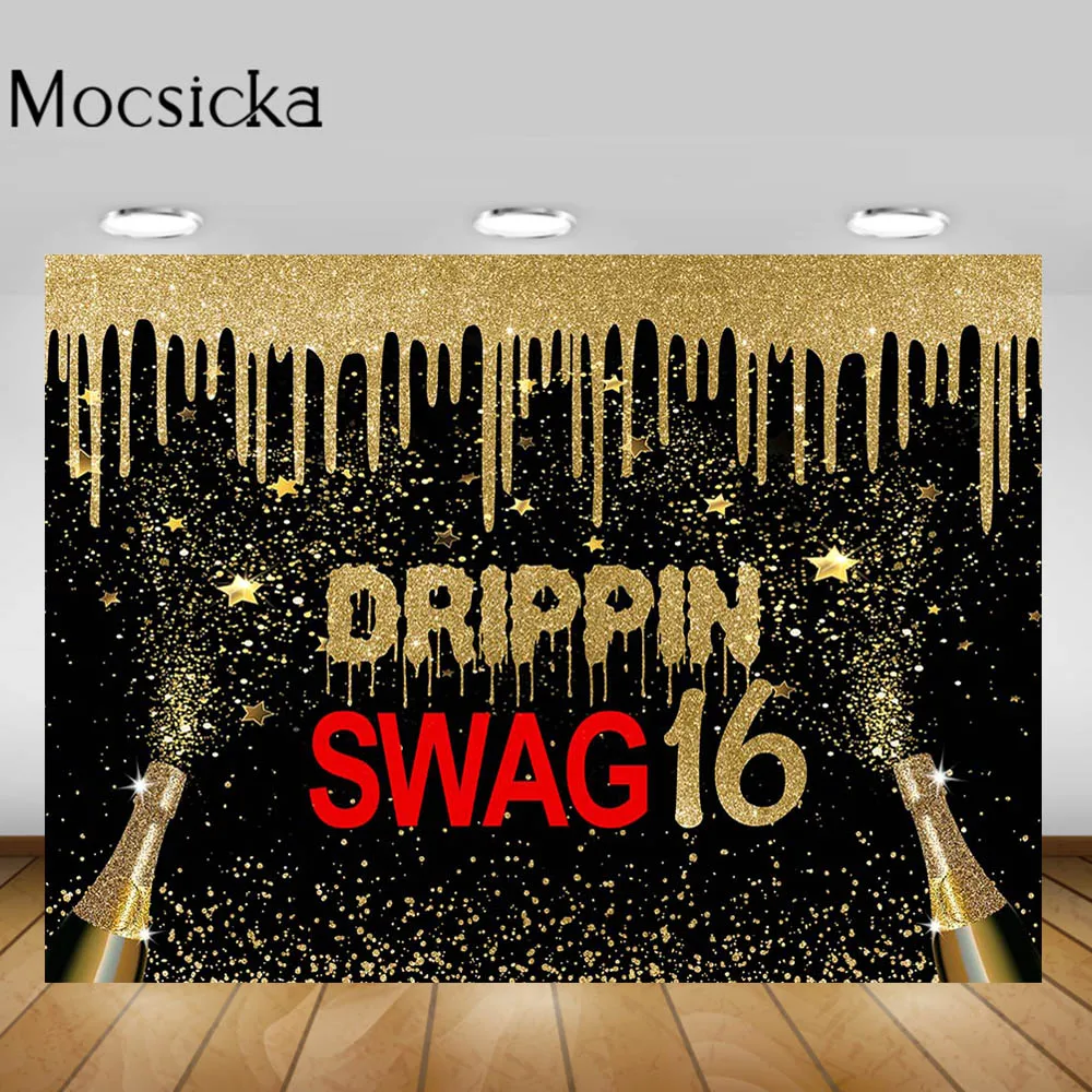 Mocsicka-ドリッピンスワッグの背景、16の誕生日パーティーの写真の背景、装飾、シャンパン、金、銀、星、写真アクセサリー